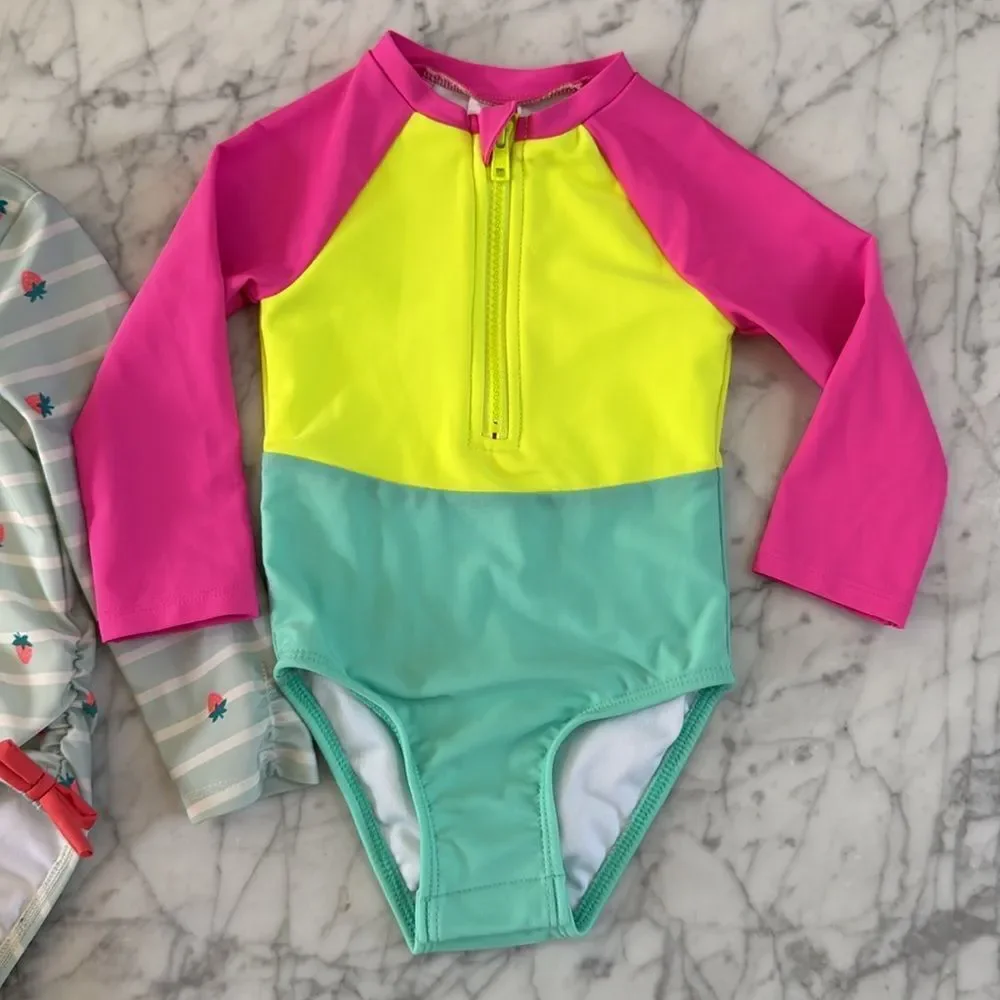 Girl's Size 18 Mo LS Swim Suit Bundle Neon Colorblock Strawberry